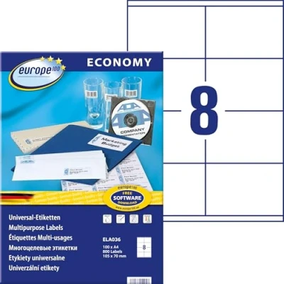 Immagine di europe 100 ELA036 Etichette universali, 105 x 70 mm, fogli per un totale di 800 etichette, colore bianco