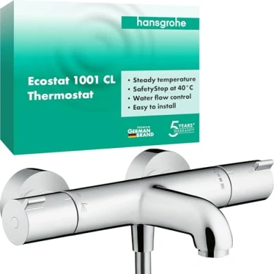 Immagine di hansgrohe Ecostat Miscelatore termostatico per vasca esterno, Rubinetto con blocco di sicurezza (SafetyStop) a 40 C, Termostato vasca, 2 utenze, cromo, 13201000