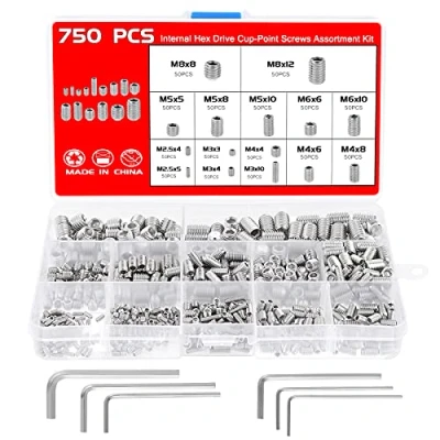 Immagine di Faankiton 750Pz Viti Senza Testa a Esagonale M2.5 M3 M4 M5 M6 M8, Vite Grani Esagonale, Filettati, Brugola con 6 Chiave (Argento)