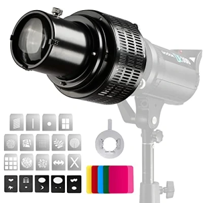 Immagine di Soonpho Cilindro focalizzatore ottico con supporto Bowens per fotografia,lega di alluminio,proiettore GOBO 5 filtri a colori e 19 Gobos luce LED Monolight,Spotlight