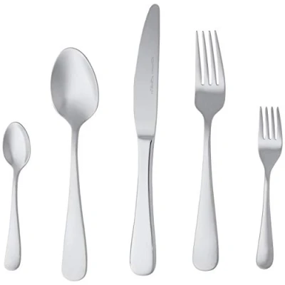 Immagine di Amazon Basics posate in acciaio inox con bordo arrotondato per 4 persone, confezione da 20, Argento