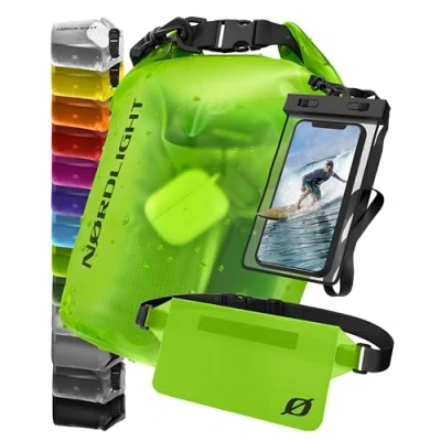 Immagine di Nordlight Dry Bag Sacca Impermeabile con Custodia Per Cellulare e Marsupio (5L, Verde) Zaino, Stagna Borsa Spiaggia, Canoa, Stand Up Paddling, Immersioni