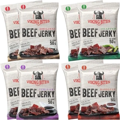 Immagine di Viking Bites Beef Jerky Mixed box 400 g (8 x 50 g) 2x Original, Jalapeno, Barbecue, Teriyaki Manzo essiccato Snack a base di carne con alto contenuto proteico