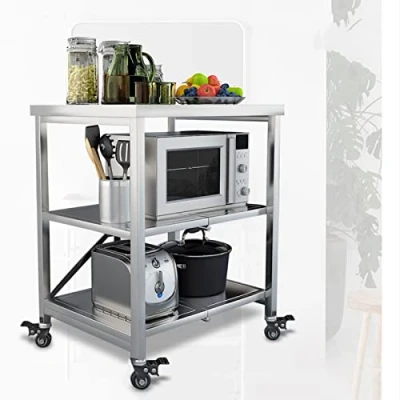 Immagine di LXSEHN Carrello da Cucina, Mobiletto Carrelli Portata 3 Ripiani Scaffale Microonde Metallo, 60x45x80cm Ripiegabile Scaffalatura Portaoggetti Servizio su Ruote per Ristorante Ufficio, Argento