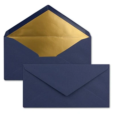 Immagine di 50x Buste formato lunghe Colore: blu scuro con rivestimento interno metallizzato oro 110 x 220 mm Colla a umido festive per Natale