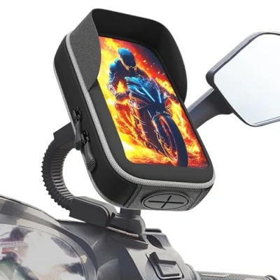 Immagine di Porta cellulare scooter fissaggio universale infrangibile per specchietti moto e Custodia impermeabile con visiera antiriflesso compatibile smartphone fino a 7,5&quot;