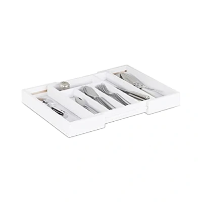 Immagine di Relaxdays Portaposate da cassetto estraibile larghezza variabile 5 a 7 scomparti in bambù HLP: 5x48x33,5 cm bianco