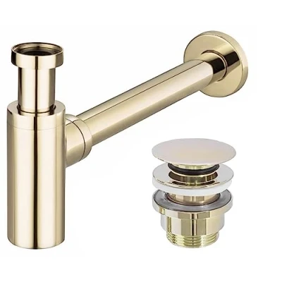 Immagine di Rea Sifone CON SCARICO Universale per Lavabo CLICK CLACK L.GOLD in Ottone e Bagno (Oro Chiaro)