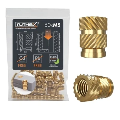 Immagine di ruthex Inserto filettato M5 50 pezzi RX M5x9.5 boccole filettate in ottone dado stabile per parti plastica può essere utilizzato con calore o ultrasuoni di stampa 3D