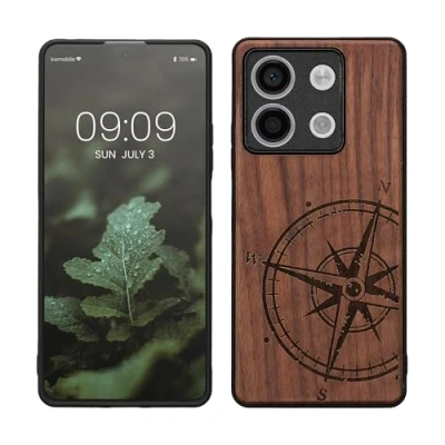 Immagine di kwmobile Custodia Compatibile con Xiaomi Redmi Note 13 5G Cover Back Case in Legno Bumper Silicone TPU Bussola vintage marrone scuro