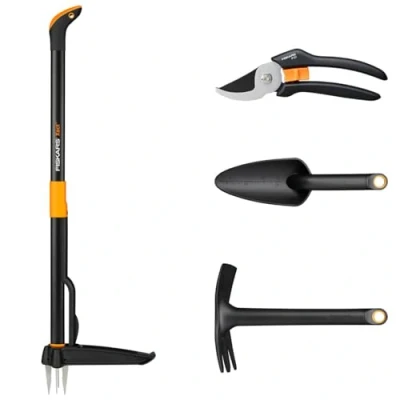 Immagine di Fiskars Set di Attrezzi da Giardino, 4 pezzi, Xact Tagliaerba, Lunghezza: 1 m, Solid Zappa Combinata, 28 cm, Cazzuola per Fiori, Forbici Bypass P121, 1077309