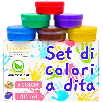 Immagine di Creative Deco Colori a Dita, Tempere Lavabili per Bambini Kit Pittura 6 x 40 ml Contenitori Intensi Set Dipingere Atossici e Sicuri Finger Paint Base d&#039;Acqua