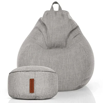 Immagine di Green Bean© Set da 2 Poltrona a sacco XXL per interni + sgabello imbottitura in EPS Poggiapiedi pouf Cuscino pavimento sdraiarsi sedersi salotto Relax Grigio Argento