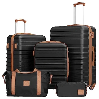 Immagine di COOLIFE Set Valigie,Set di Valigie,Trolley da Viaggio con TSA Serratura Sicurezza,1 Espandibile Bagaglio a mano e 1 Borsa toilette Incluso (Albicocca/Nero, 5 Pezzi)
