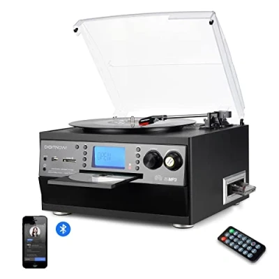 Immagine di DIGITNOW! Giradischi in vinile Bluetooth USB mp3 e Funzione di codifica Classica Lettore CD con Cassetta FM Radio,3 Velocità 33/45/78 RPM Altoparlanti Integrati Canale Stereo