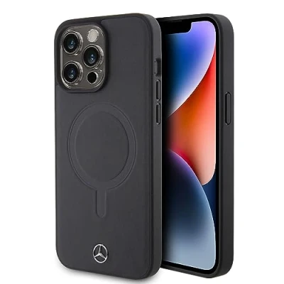 Immagine di CG MOBILE Mercedes Benz custodia protettiva in vera pelle compatibile con Magsafe iPhone 15 Pro Max, e resistente facile scatto, assorbimento degli urti logo firmato