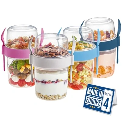 Immagine di CRYSTALIA Take and Go Set di 4 vasetti per yogurt senza BPA, con cucchiaio e forchetta, avena notturna, lavabili in lavastoviglie, muesli da asporto, macedonia frutta, coperchio,