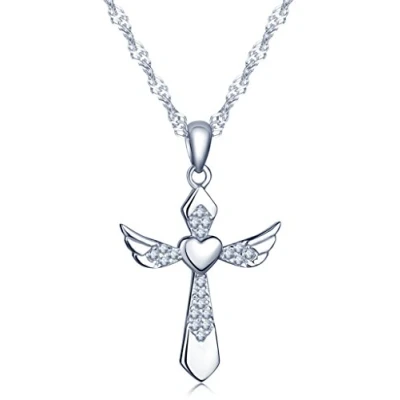 Immagine di Infinite U collana con ciondolo a forma di croce ali d&#039;angelo e cuore, in argento Sterling 925 rodiato zirconi, per donna/ragazza