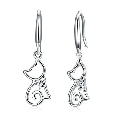 Immagine di Belons Orecchini da donna in Argento sterling 925 con Zirconia cubica a forma di gatto, pendenti gattino, per donne e ragazze, argento/oro champagne, cubica,