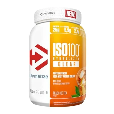 Immagine di Dymatize ISO 100 Hydrolyzed Clear Peach Ice Tea 900g Proteine ​​del siero di latte chiare in polvere idrolizzate e isolate