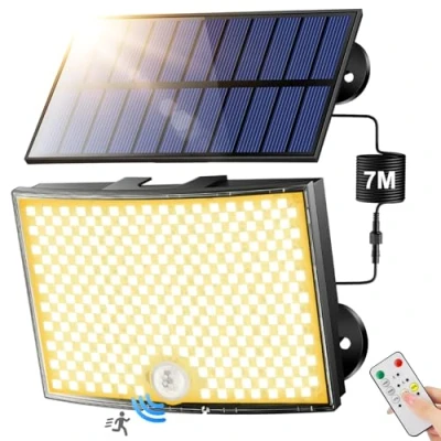 Immagine di Lampada Solare da Esterno 3000K Giallo Caldo,[268LED/ 5Modes/ 7M]Faro Led con Pannello Solare, Telecomando Luce Esterno,IP65 Faretti Solari a Luci