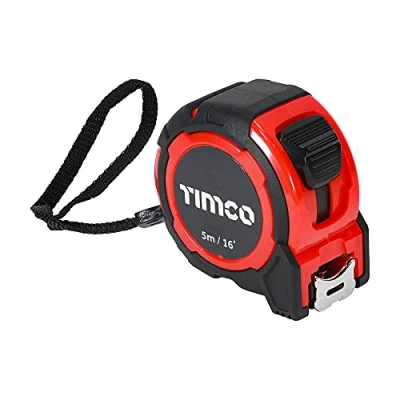 Immagine di TIMCO metro a nastro da 5 m, m x 25 mm, con pulsante di bloccaggio, clip cintura e cinghia polso, metrico imperiale