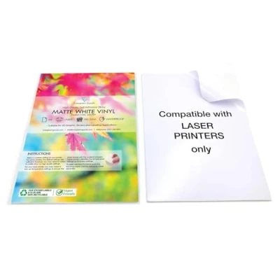 Immagine di Fogli A4 di qualità, impermeabili, in vinile, opachi, autoadesivi, per stampanti laser, confezione da 10, colore bianco