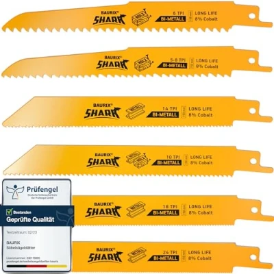 Immagine di BAURIX® Lame per Seghetto SHARK® [6 Pezzi] 150 mm 5/8 a 24 TPI legno tagli veloci e puliti chiodi, metallo, plastica Lama Sega Gattuccio