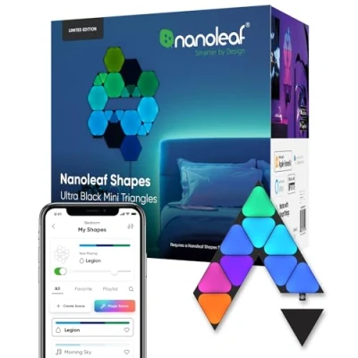 Immagine di Nanoleaf Shapes Ultra Black Mini Triangle Expansion Pack, 10 Triangoli Led Aggiuntivi RGBW Applique da Parete Interno Modulari, Luci 16M Colori WiFi, Funziona con Alexa, Sincronia Musica/Monitor