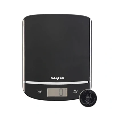 Immagine di bilancia da cucina digitale di precisione SALTER 1056 BKDR Aquatronic, ampio display LCD facile lettura, funzione aggiunta e pesatura, design Slimline per archiviazione compatta, capacità 5kg