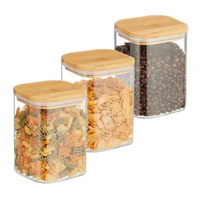 Immagine di Relaxdays Set da 3 Barattoli per Alimenti con Coperchio in bambù, Recipienti Vetro, 900 ml, Trasparente Naturale