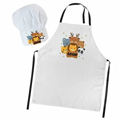 Immagine di Ferocity Set Cappello da Cuoco e Grembiule Regolabile per i Bambini con Il Tuo Nome Accessori Cucina Testo Desiderato Animali [099]