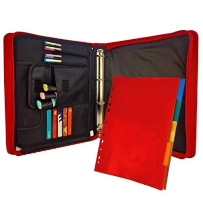 Immagine di Raylu Paper Cartella portadocumenti A4 con anelli e chiusura a zip, organizer per notebook separatori di colori conferenze, viaggi studi (rosso)
