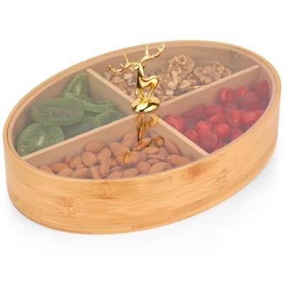 Immagine di BELLE VOUS Scatola Porta Oggetti Legno Tonda con 4 Scomparti e Coperchio 29 x 12 cm Cassetta Portaoggetti per Bustine di Tè, da Conservare, Gioielli, Artigianali