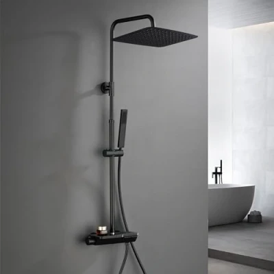 Immagine di Görbach Nero Colonna Doccia con Termostatico in Acciaio INOX 304 Rubinetto Soffione Miscelatore, Set a Pioggia Doccetta(35x25cm)