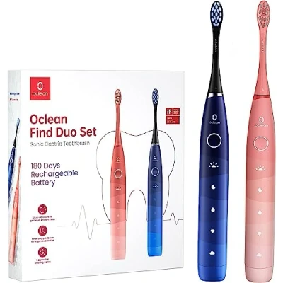 Immagine di Oclean Find Duo Set (2x Spazzolini Elettrici Sonici), 5 modalità con sbiancamento, durata batteria 180 giorni, timer 2 min avviso ogni 30s, impermeabilità IPX7, Twin Pack Rosso e Blu