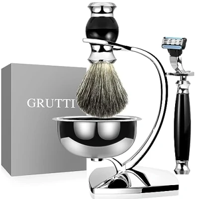 Immagine di GRUTTI set di spazzole da barba Premium con supporto per spazzola lusso e portaspazzole ciotola sapone rasatura manuale rasoio uomo (Mach 3)