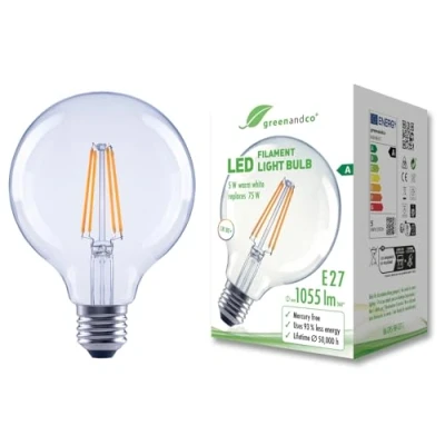 Immagine di greenandco Lampadina A filamento LED trasparente E27 G95 5W 1055lm sostituisce 75W 2700K bianco caldo 320 230V senza sfarfallio Classe energetica non dimmerabile