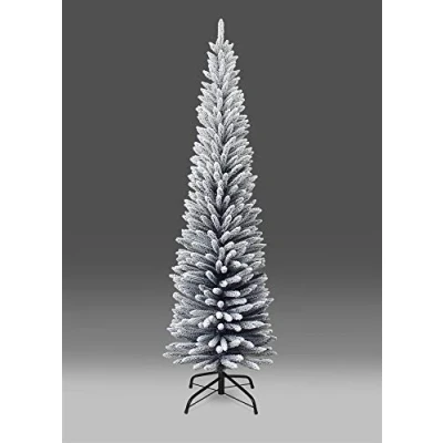 Immagine di SHATCHI Albero di Natale artificiale sottile, 1,2 m, decorazione per la casa con punte appuntite e supporto in metallo, gregge neve, 180 cm