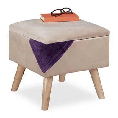 Immagine di Relaxdays Sgabello Poggiapiedi, Velluto, Gambe in Legno di Eucalipto, Pouf Imbottito, Scomparto, HLP 40x40x40 cm, Crema, Fibra 40% 20%, 1 pz
