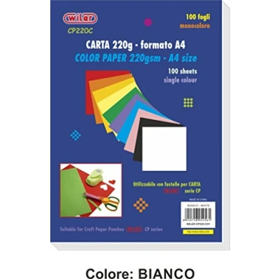 Immagine di Wiler CP220C01 Confezione da 100 Fogli di Carta Colorata 220gsm Formato A4 Colore BIANCO