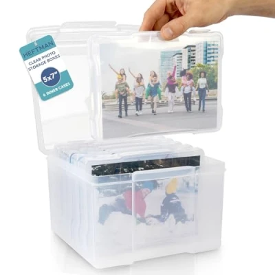 Immagine di HEFTMAN Scatole trasparenti per foto, 5 x 7 cm, con 6 custodie interne contiene 600 trasparente