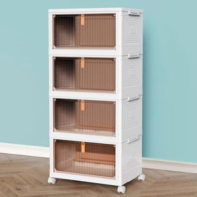 Immagine di Contenitore portaoggetti in plastica, 4 livelli, 22 L, impilabile, organizer con coperchi, per camera da letto, salotto, cucina, studio e ufficio, scatole pieghevoli