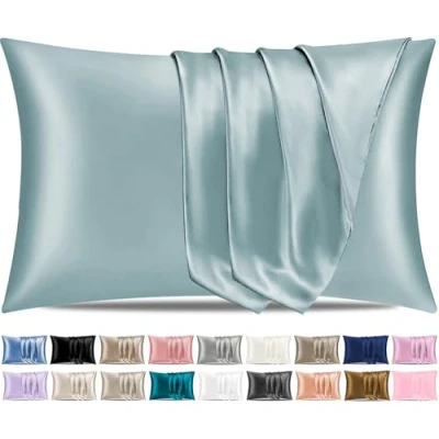 Immagine di Pamposh federe in seta satinata, per capelli e pelle, confezione da 2, dimensioni standard, con chiusura a busta (blu grigio, 2 (50 x 75 cm)