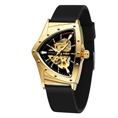 Immagine di FORSINING Orologio da polso meccanico uomo, impermeabile, scheletro, triangolare, con cinturino in silicone, Oro e Nero 2, Moderno