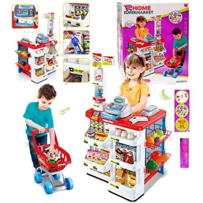 Immagine di Set Bambini con Carrello per la Spesa e Oltre 20 Accessori Supermercato Giocattolo Cibi Inclusi, luci Suoni Multicolore,