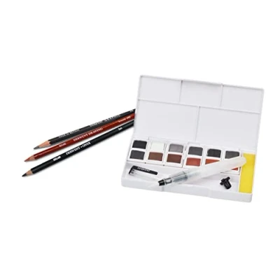 Immagine di Derwent Shade &amp; Tone Set di 16 Pezzi con Tavolozza da 12 x Colori Misti Inktense, Graphitint, Carboncino e Pastello, 1 Matita Terracotta, Onice, B Mini Waterbrush