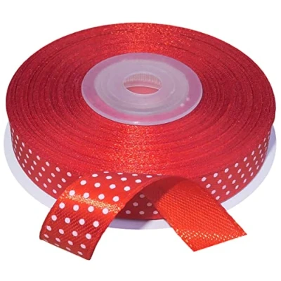 Immagine di AERZETIX C55347 Rotolo di nastro raso 12mm x 25m strisca per regalo/fiore hobby creativo decorazione/matrimonio/compleanno/festa colore rosso con pois bianchi poliestere