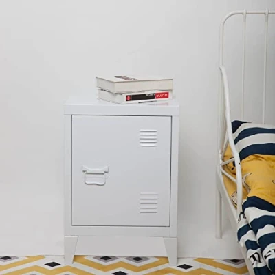 Immagine di [en.casa] Comodino in Acciaio con Scomparto Chiuso Anta Tavolino Laterale da Divano Mobiletto Notturno Letto Basso Ingresso 57 x 40 30 cm Bianco