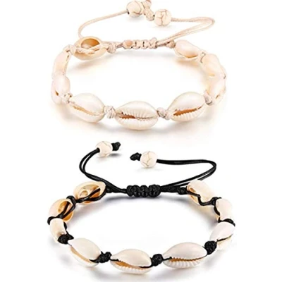 Immagine di Set di 2 cavigliere regolabili con conchiglie naturali ciprea, puka, gioielli per uomini e donne (bianco + nero), 7.8 to 15 inches, Guscio